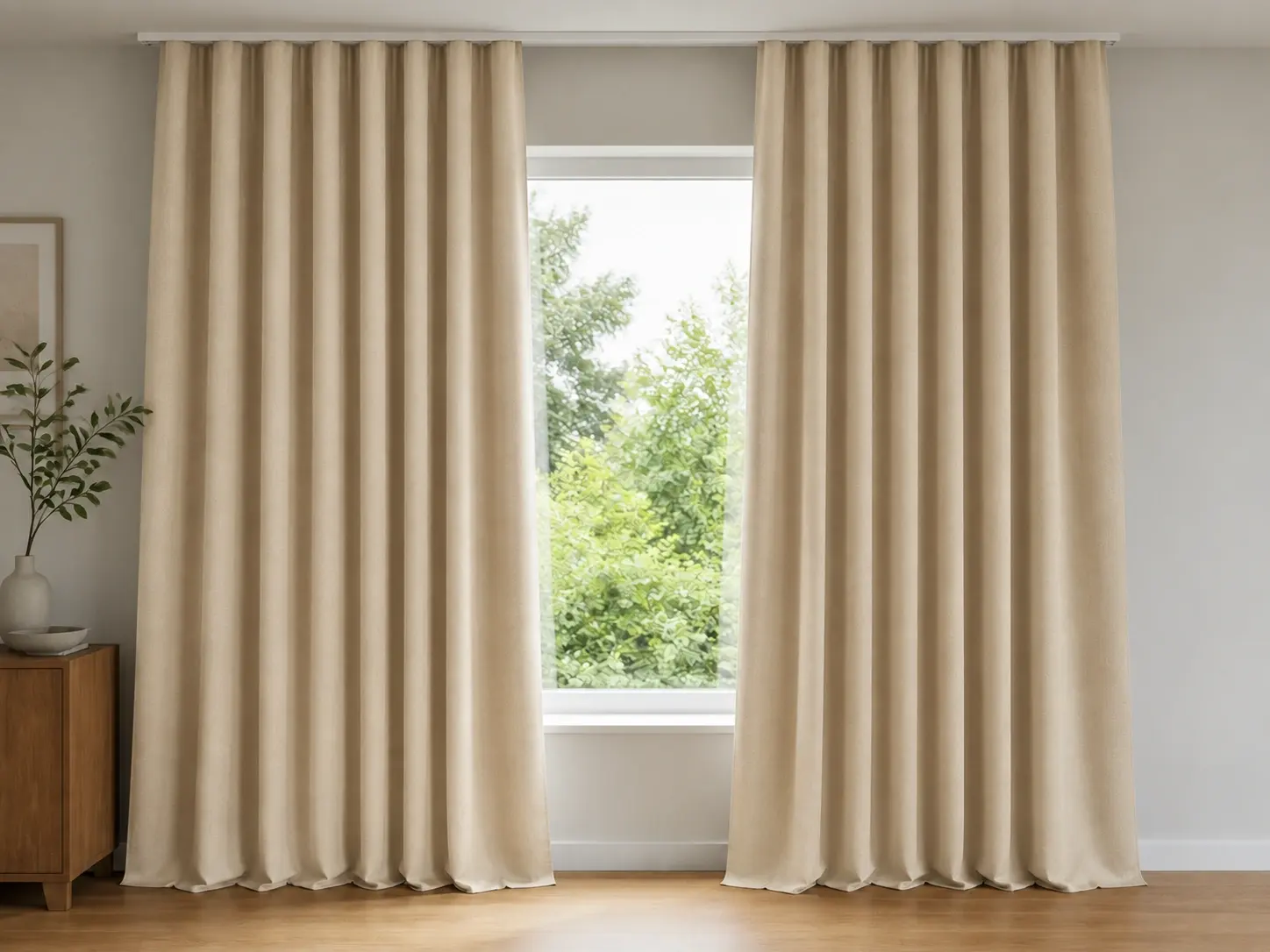 Cream Sheer · Beige Drape · Natural Oak Rod