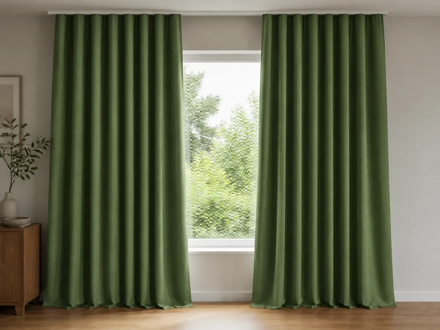 Ecru Sheer · Green Drape · Walnut Rod