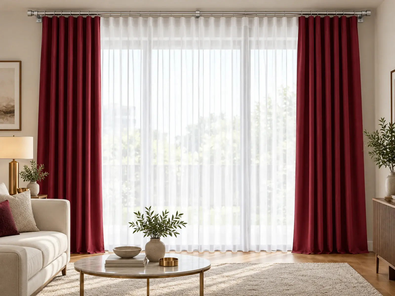 White Tenda leggera unita · Burgundy Tenda unita · Matte Chrome Bastone metallico