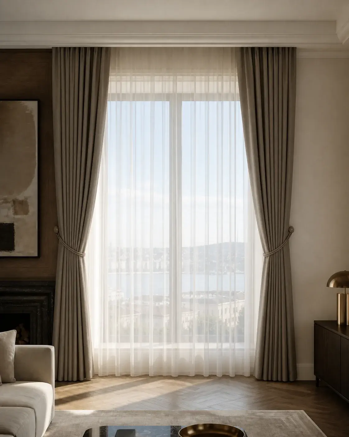 Window view after installing custom sheer and drapery curtains