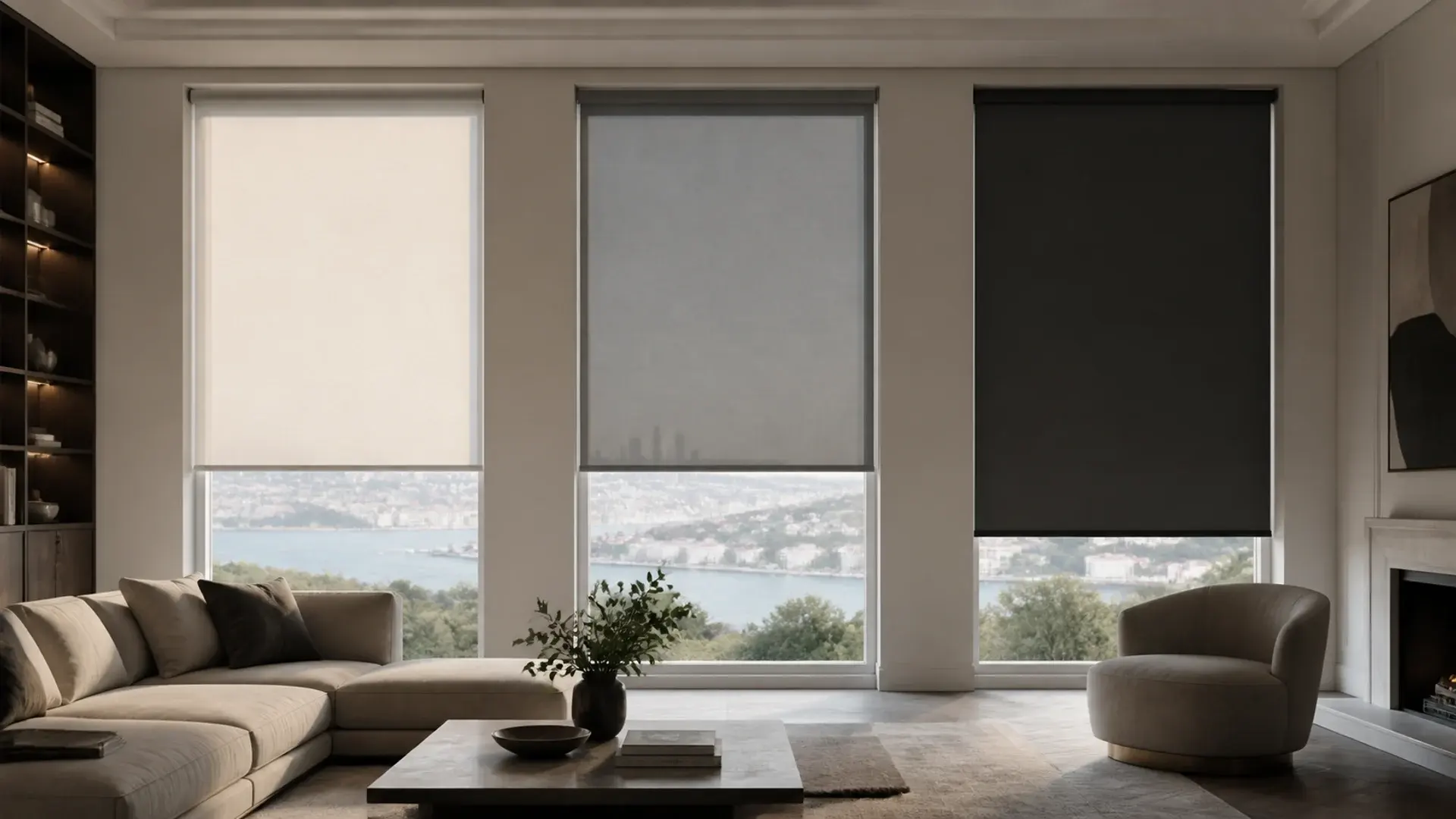 Modern salonda geniş pencereye uygulanmış stor perde