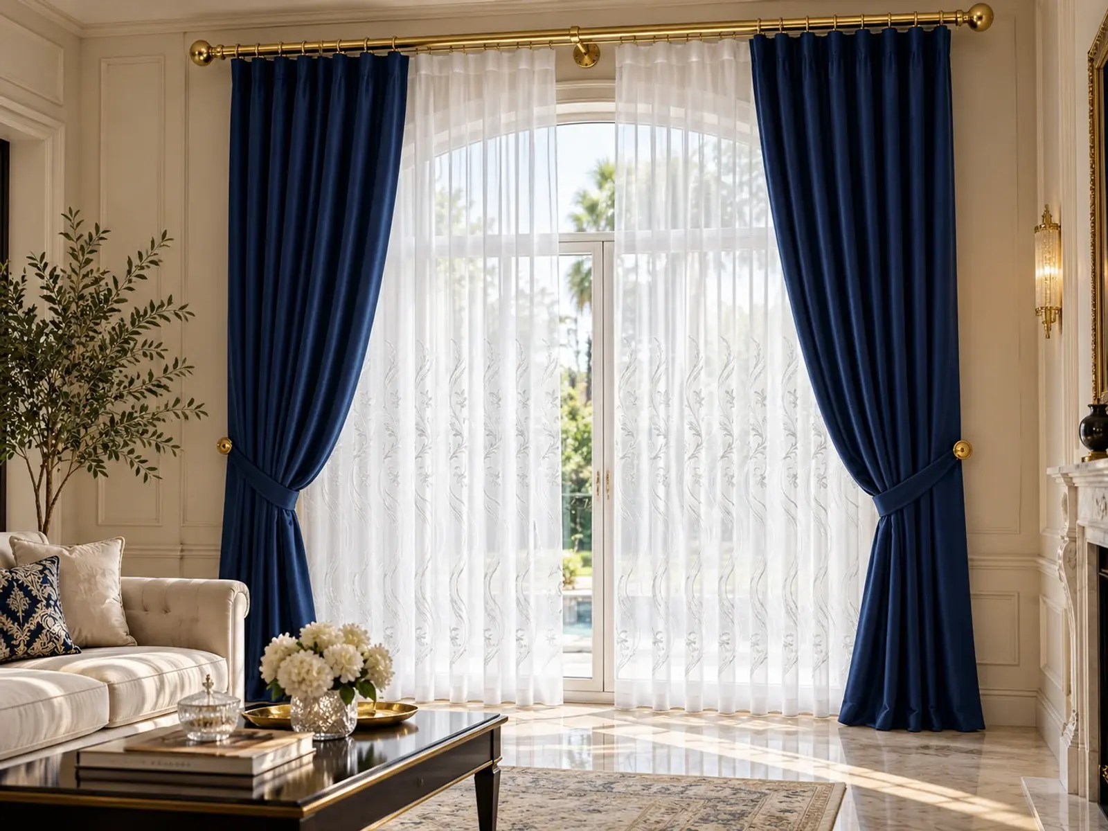 White ستارة شفافة مطرزة · Navy ستارة جانبية سادة · Polished Brass قضيب نحاسي