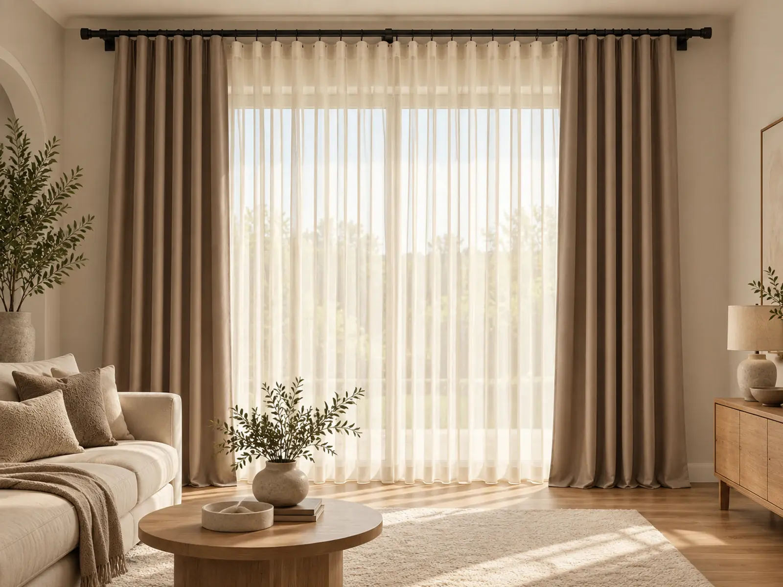Ecru Plain Sheer · Mink Plain Drape · Matte Black Metal Rod