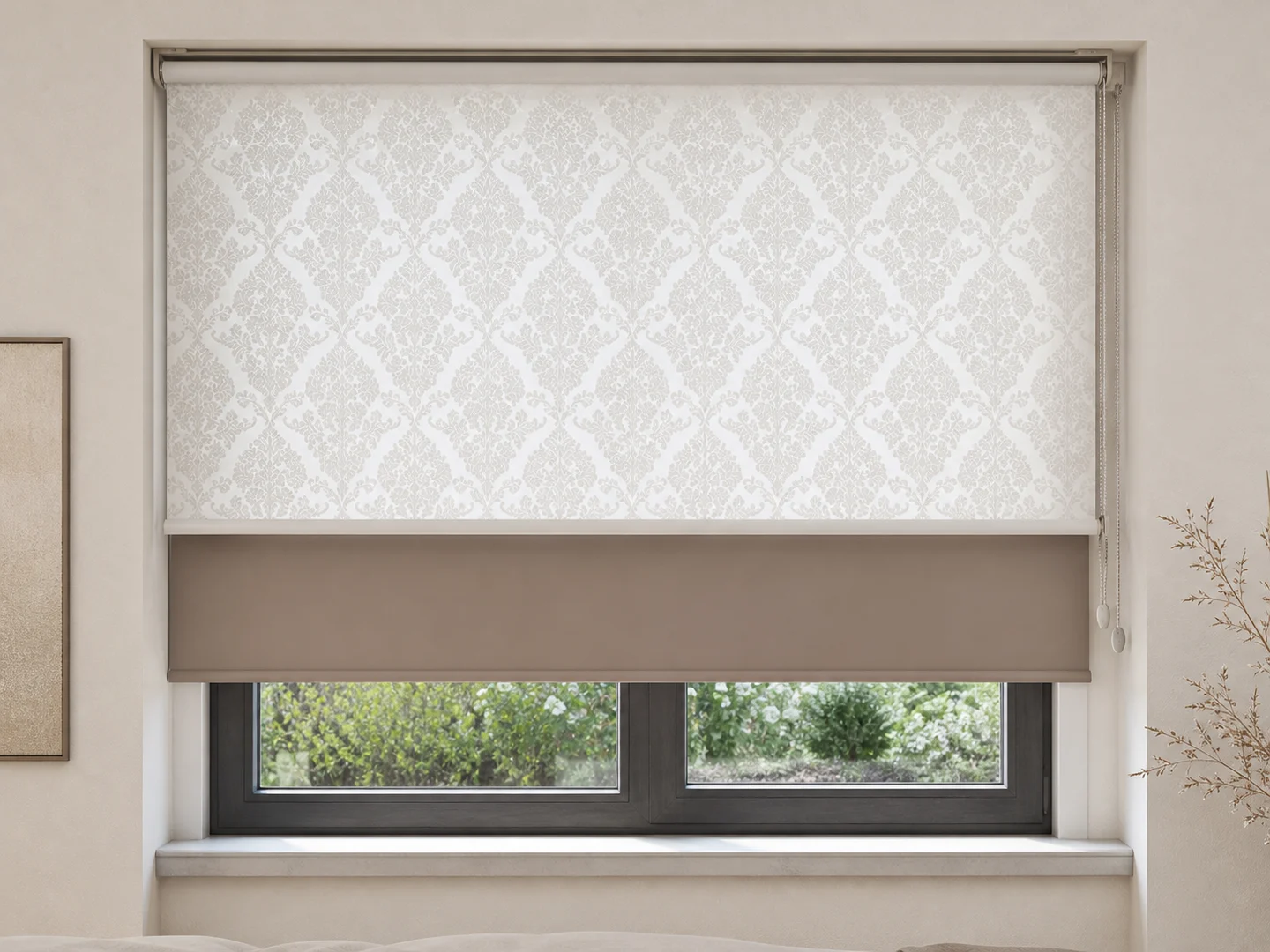 Damask çiftli stor perde önden ürün görünümü