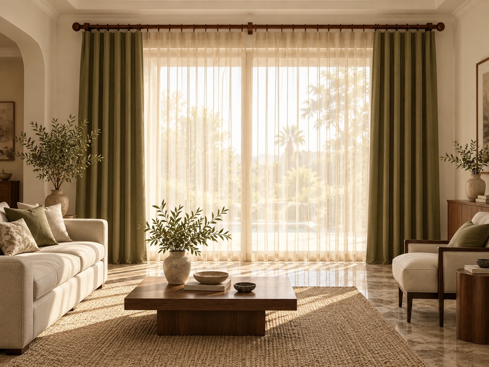 Beige Transparenter Vorhang · Khaki Dekoschal · Dark Walnut Holzstange