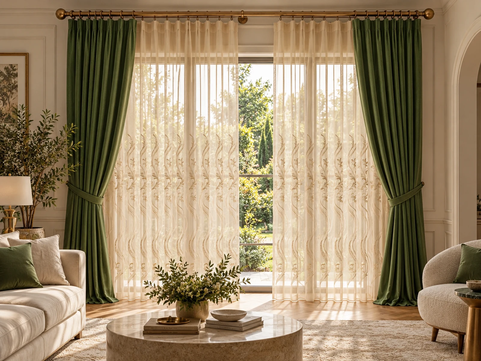 Beige Tenda ricamata · Green Tenda unita · Antique Brass Bastone in ottone