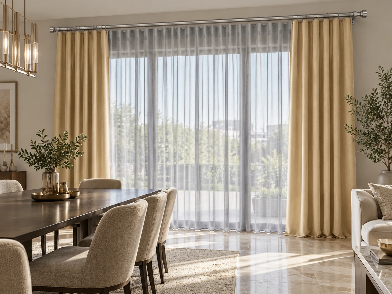 Grey Transparenter Vorhang · Champagne Dekoschal · Inox Metallstange